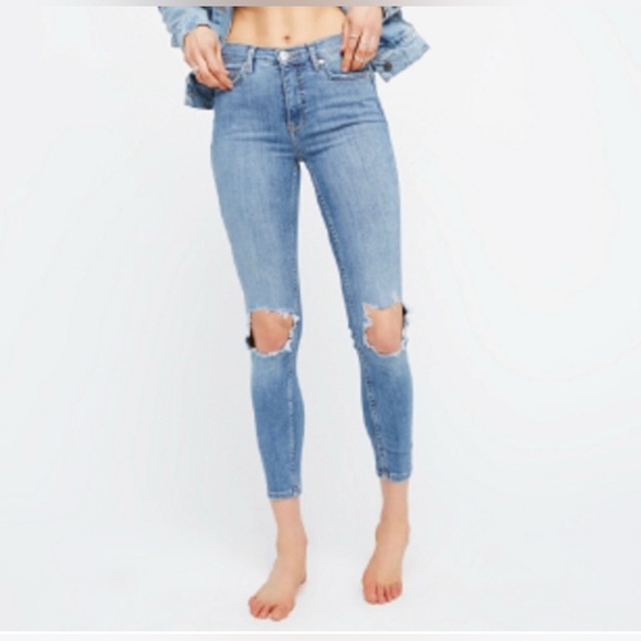 FREE PEOPLE High Rise Busted Knee Mid Stone Blue Skinny Jeans - Picture 1 of 8